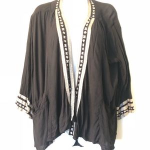 Black & Silver Embroidered Linen Open Front Kimono